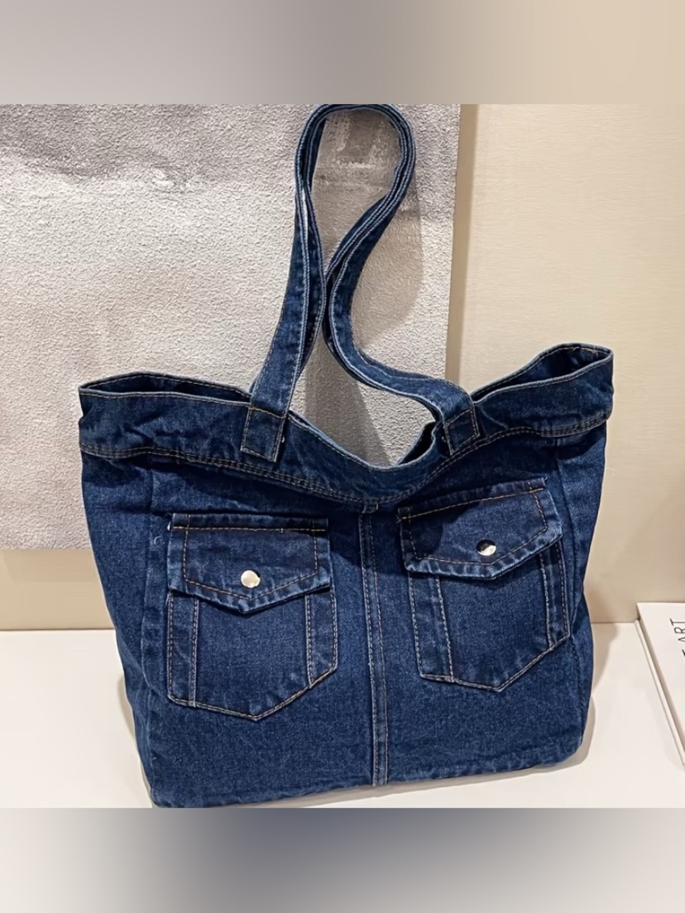 DENIM Dark Blue Tote Bag with Front Pocket Details
